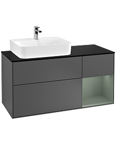 Villeroy und Boch Finion Waschtischunterschrank G152GMGK 120cm, Abdeckplatte black matt, Emotion, Regal links Olive Matt Lacquer, Anthracite matt