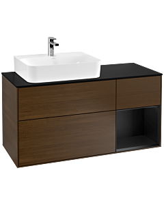 Villeroy und Boch Finion Waschtischunterschrank G152PDGN 120cm, Abdeckplatte black matt, Emotion, Regal links Black matt lacquer, Walnut veneer