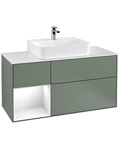 Villeroy und Boch Finion Villeroy und Boch G161GFGM 120cm, plaque de finition blanc mat, émotion, étagère à gauche laqué blanc brillant, Olive Matt Lacquer