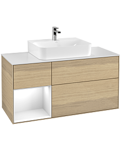 Villeroy und Boch Finion Waschtischunterschrank G161GFPC 120cm, Abdeckplatte white matt, Emotion, Regal links Glossy white lacquer, Oak Veneer