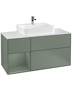 Villeroy und Boch Finion Waschtischunterschrank G161GMGM 120cm, Abdeckplatte white matt, Emotion, Regal links Olive Matt Lacquer, Olive Matt Lacquer