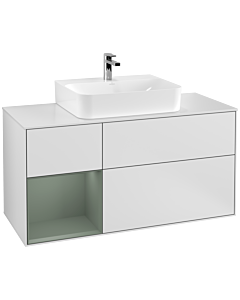 Villeroy und Boch Finion Waschtischunterschrank G161GMMT 120cm, Abdeckplatte white matt, Emotion, Regal links Olive Matt Lacquer, White matt lacquer