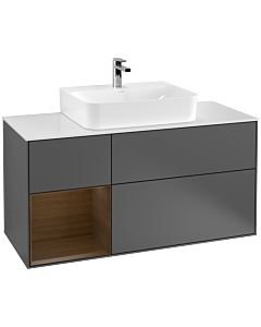 Villeroy und Boch Finion Waschtischunterschrank G161GNGK 120cm, Abdeckplatte white matt, Emotion, Regal links Walnut veneer, Anthracite matt