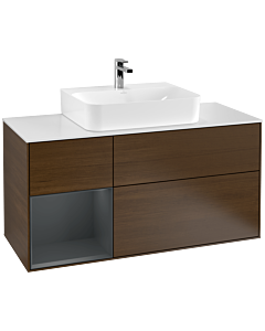 Villeroy und Boch Finion Waschtischunterschrank G161HGGN 120cm, Abdeckplatte white matt, Emotion, Regal links Midnight Blue Matt Lacquer, Walnut veneer