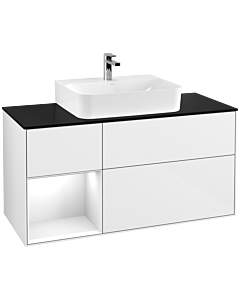 Villeroy und Boch Finion Villeroy und Boch G162GFGF 120cm, plaque de finition noir mat, Emotion, étagère gauche laqué blanc brillant, laqué blanc brillant