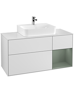 Villeroy und Boch Finion Waschtischunterschrank G171GMMT 120cm, Abdeckplatte white matt, Emotion, Regal rechts Olive Matt Lacquer, White matt lacquer