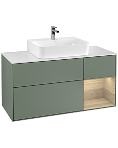 Villeroy und Boch Finion Waschtischunterschrank G171PCGM 120cm, Abdeckplatte white matt, Emotion, Regal rechts Oak Veneer, Olive Matt Lacquer
