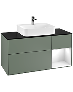 Villeroy und Boch Finion Waschtischunterschrank G172GFGM 120cm, Abdeckplatte black matt, Emotion, Regal rechts Glossy white lacquer, Olive Matt Lacquer