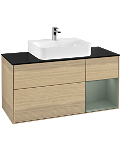 Villeroy und Boch Finion Waschtischunterschrank G172GMPC 120cm, Abdeckplatte black matt, Emotion, Regal rechts Olive Matt Lacquer, Oak Veneer
