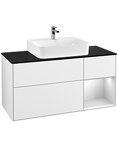 Villeroy und Boch Finion Waschtischunterschrank G172MTGF 120cm, Abdeckplatte black matt, Emotion, Regal rechts White matt lacquer, Glossy white lacquer
