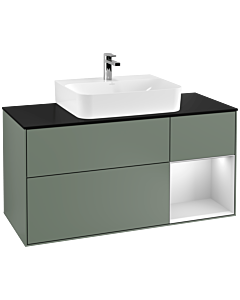 Villeroy und Boch Finion Waschtischunterschrank G172MTGM 120cm, Abdeckplatte black matt, Emotion, Regal rechts White matt lacquer, Olive Matt Lacquer
