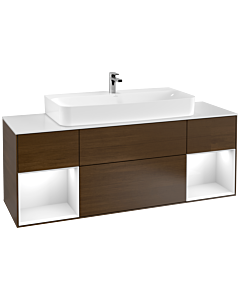 Villeroy und Boch Finion Waschtischunterschrank G211GFGN 160cm, Abdeckplatte white matt, Emotion, Regale Glossy white lacquer, Walnut veneer