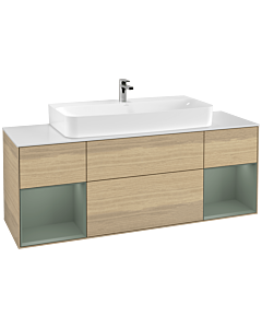 Villeroy und Boch Finion Waschtischunterschrank G211GMPC 160cm, Abdeckplatte white matt, Emotion, Regale Olive matt lacquer, Oak Veneer