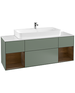 Villeroy und Boch Finion Waschtischunterschrank G211GNGM 160cm, Abdeckplatte white matt, Emotion, Regale Walnut veneer, Olive Matt Lacquer