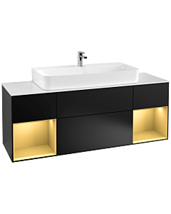 Villeroy und Boch Finion Villeroy und Boch G211HFPD 160cm, plaque de recouvrement blanc mat, Emotion, étagères laqué or mat, laqué noir mat