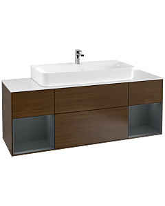 Villeroy und Boch Finion Waschtischunterschrank G211HGGN 160cm, Abdeckplatte white matt, Emotion, Regale Midnight matt lacquer, Walnut veneer
