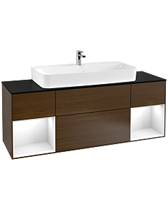 Villeroy und Boch Finion Waschtischunterschrank G212GFGN 160cm, Abdeckplatte black matt, Emotion, Regale Glossy white lacquer, Walnut veneer