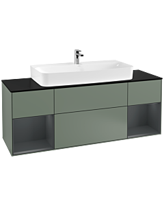 Villeroy und Boch Finion Waschtischunterschrank G212HGGM 160cm, Abdeckplatte black matt, Emotion, Regale Midnight matt lacquer, Olive Matt Lacquer