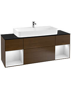Villeroy und Boch Finion Waschtischunterschrank G212MTGN 160cm, Abdeckplatte black matt, Emotion, Regale White matt lacquer, Walnut veneer