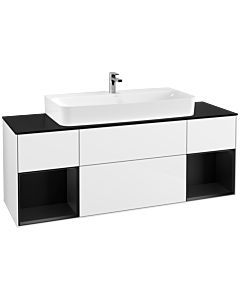 Villeroy und Boch Finion Waschtischunterschrank G212PDGF 160cm, Abdeckplatte black matt, Emotion, Regale Black matt lacquer, Glossy white lacquer