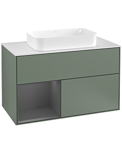 Villeroy und Boch Finion Waschtischunterschrank G241GKGM 100cm, Abdeckplatte white matt, Emotion, Regal links Anthracite matt, Olive Matt Lacquer