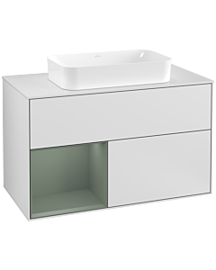 Villeroy und Boch Finion Waschtischunterschrank G241GMMT 100cm, Abdeckplatte white matt, Emotion, Regal links Olive Matt Lacquer, White matt lacquer
