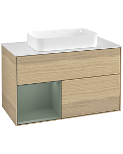 Villeroy und Boch Finion Waschtischunterschrank G241GMPC 100cm, Abdeckplatte white matt, Emotion, Regal links Olive Matt Lacquer, Oak Veneer