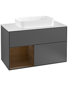 Villeroy und Boch Finion Waschtischunterschrank G241GNGK 100cm, Abdeckplatte white matt, Emotion, Regal links Walnut veneer, Anthracite matt