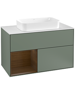 Villeroy und Boch Finion Waschtischunterschrank G241GNGM 100cm, Abdeckplatte white matt, Emotion, Regal links Walnut veneer, Olive Matt Lacquer