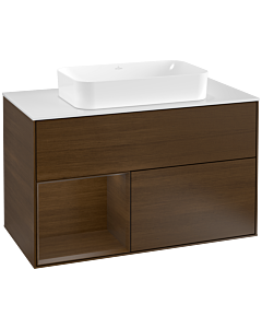 Villeroy und Boch Finion Waschtischunterschrank G241GNGN 100cm, Abdeckplatte white matt, Emotion, Regal links Walnut veneer, Walnut veneer