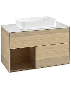 Villeroy und Boch Finion Waschtischunterschrank G241GNPC 100cm, Abdeckplatte white matt, Emotion, Regal links Walnut veneer, Oak Veneer