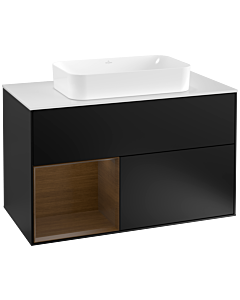 Villeroy und Boch Finion Waschtischunterschrank G241GNPD 100cm, Abdeckplatte white matt, Emotion, Regal links Walnut veneer, Black matt lacquer