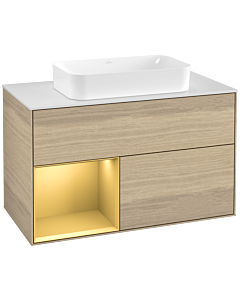 Villeroy und Boch Finion Waschtischunterschrank G241HFPC 100cm, Abdeckplatte white matt, Emotion, Regal links Gold matt, Oak Veneer