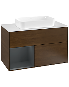 Villeroy und Boch Finion Waschtischunterschrank G241HGGN 100cm, Abdeckplatte white matt, Emotion, Regal links Midnight Blue Matt Lacquer, Walnut veneer