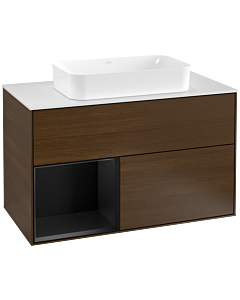 Villeroy und Boch Finion Waschtischunterschrank G241PDGN 100cm, Abdeckplatte white matt, Emotion, Regal links Black matt lacquer, Walnut veneer