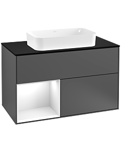 Villeroy und Boch Finion Waschtischunterschrank G242GFGK 100cm, Abdeckplatte black matt, Emotion, Regal links Glossy white lacquer, Anthracite matt