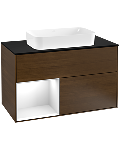 Villeroy und Boch Finion Waschtischunterschrank G242GFGN 100cm, Abdeckplatte black matt, Emotion, Regal links Glossy white lacquer, Walnut veneer