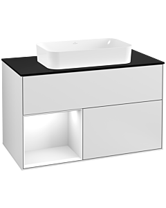 Villeroy und Boch Finion Waschtischunterschrank G242GFMT 100cm, Abdeckplatte black matt, Emotion, Regal links Glossy white lacquer, White matt lacquer