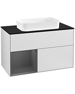 Villeroy und Boch Finion Waschtischunterschrank G242GKMT 100cm, Abdeckplatte black matt, Emotion, Regal links Anthracite matt, White matt lacquer