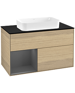 Villeroy und Boch Finion Waschtischunterschrank G242GKPC 100cm, Abdeckplatte black matt, Emotion, Regal links Anthracite matt, Oak Veneer