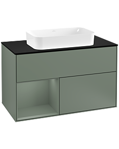 Villeroy und Boch Finion Waschtischunterschrank G242GMGM 100cm, Abdeckplatte black matt, Emotion, Regal links Olive Matt Lacquer, Olive Matt Lacquer