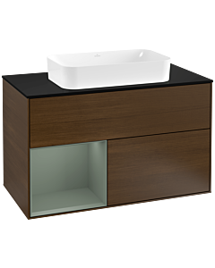 Villeroy und Boch Finion Waschtischunterschrank G242GMGN 100cm, Abdeckplatte black matt, Emotion, Regal links Olive Matt Lacquer, Walnut veneer