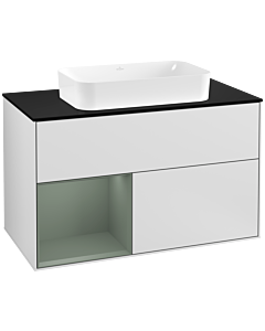 Villeroy und Boch Finion Waschtischunterschrank G242GMMT 100cm, Abdeckplatte black matt, Emotion, Regal links Olive Matt Lacquer, White matt lacquer