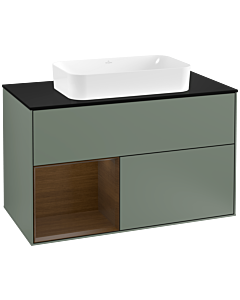Villeroy und Boch Finion Waschtischunterschrank G242GNGM 100cm, Abdeckplatte black matt, Emotion, Regal links Walnut veneer, Olive Matt Lacquer