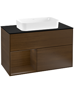 Villeroy und Boch Finion Waschtischunterschrank G242GNGN 100cm, Abdeckplatte black matt, Emotion, Regal links Walnut veneer, Walnut veneer