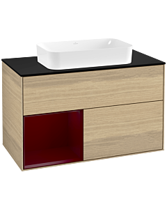 Villeroy und Boch Finion Waschtischunterschrank G242HBPC 100cm, Abdeckplatte black matt, Emotion, Regal links Peony, Oak Veneer