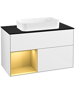 Villeroy und Boch Finion Villeroy und Boch G242HFGF 100cm, plaque de finition noir mat, Emotion, étagère gauche or mat, laqué blanc brillant