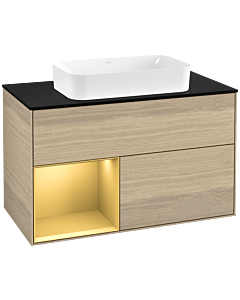 Villeroy und Boch Finion Waschtischunterschrank G242HFPC 100cm, Abdeckplatte black matt, Emotion, Regal links Gold matt, Oak Veneer