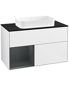 Villeroy und Boch Finion Waschtischunterschrank G242HGGF 100cm, Abdeckplatte black matt, Emotion, Regal links Midnight Blue Matt Lacquer, Glossy white lacquer