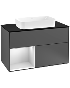 Villeroy und Boch Finion Waschtischunterschrank G242MTGK 100cm, Abdeckplatte black matt, Emotion, Regal links White matt lacquer, Anthracite matt